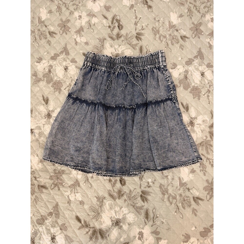 Doe & Rae Acid Wash Tiered Mini Skirt Blue Tencel Pull On Ruffle Boho Western S